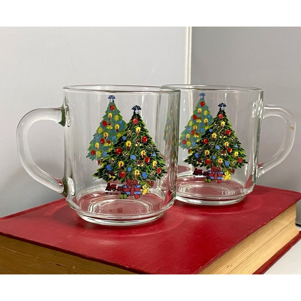 Luminarc Christmas Coffee Mug Set of 2 Tree Clear Glass Vintage